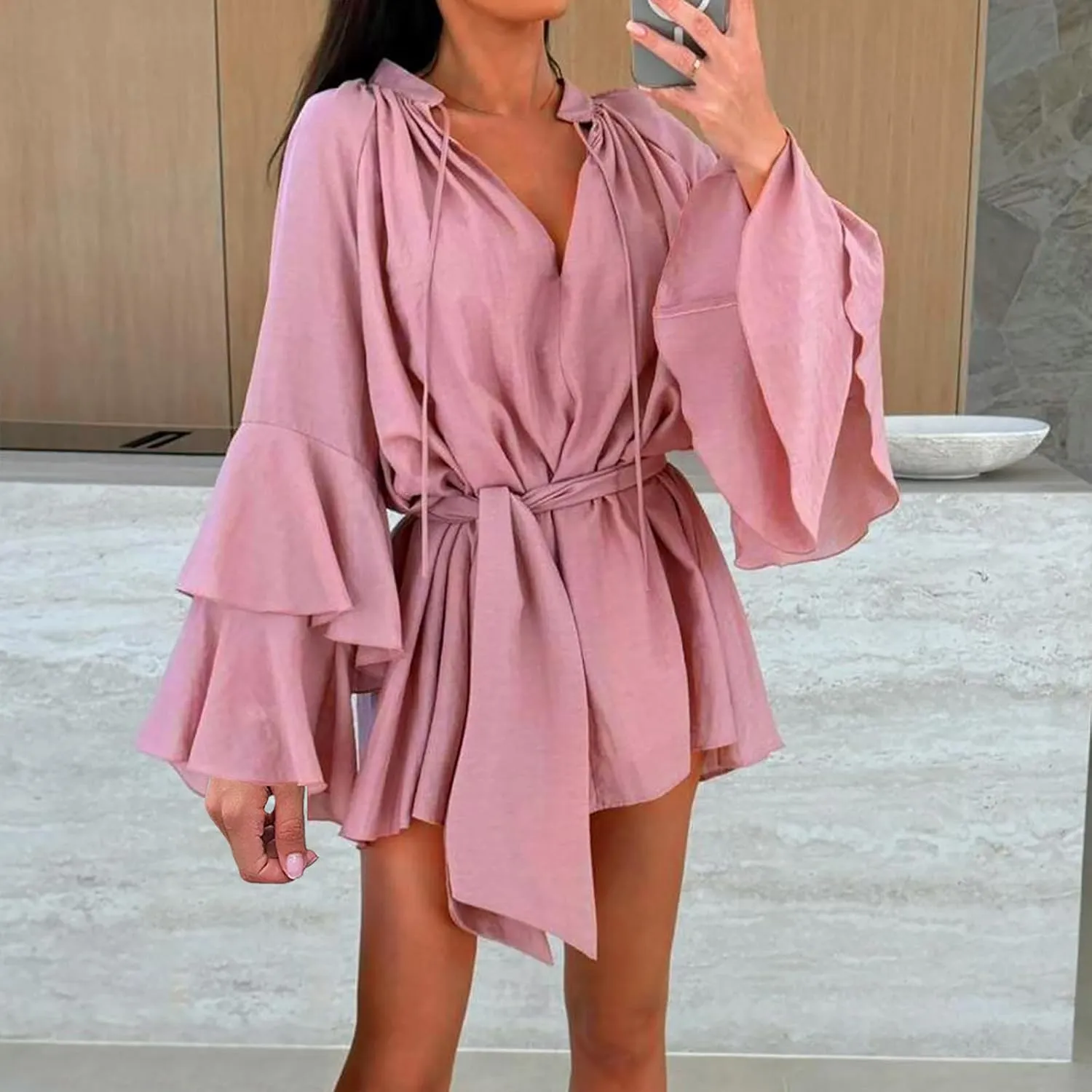 Womens Tie V Neck Casual Summer Loose Short Shirt Dress Flowy Tiered Ruffle Bell Long Sleeve Mini Dresses with Belt