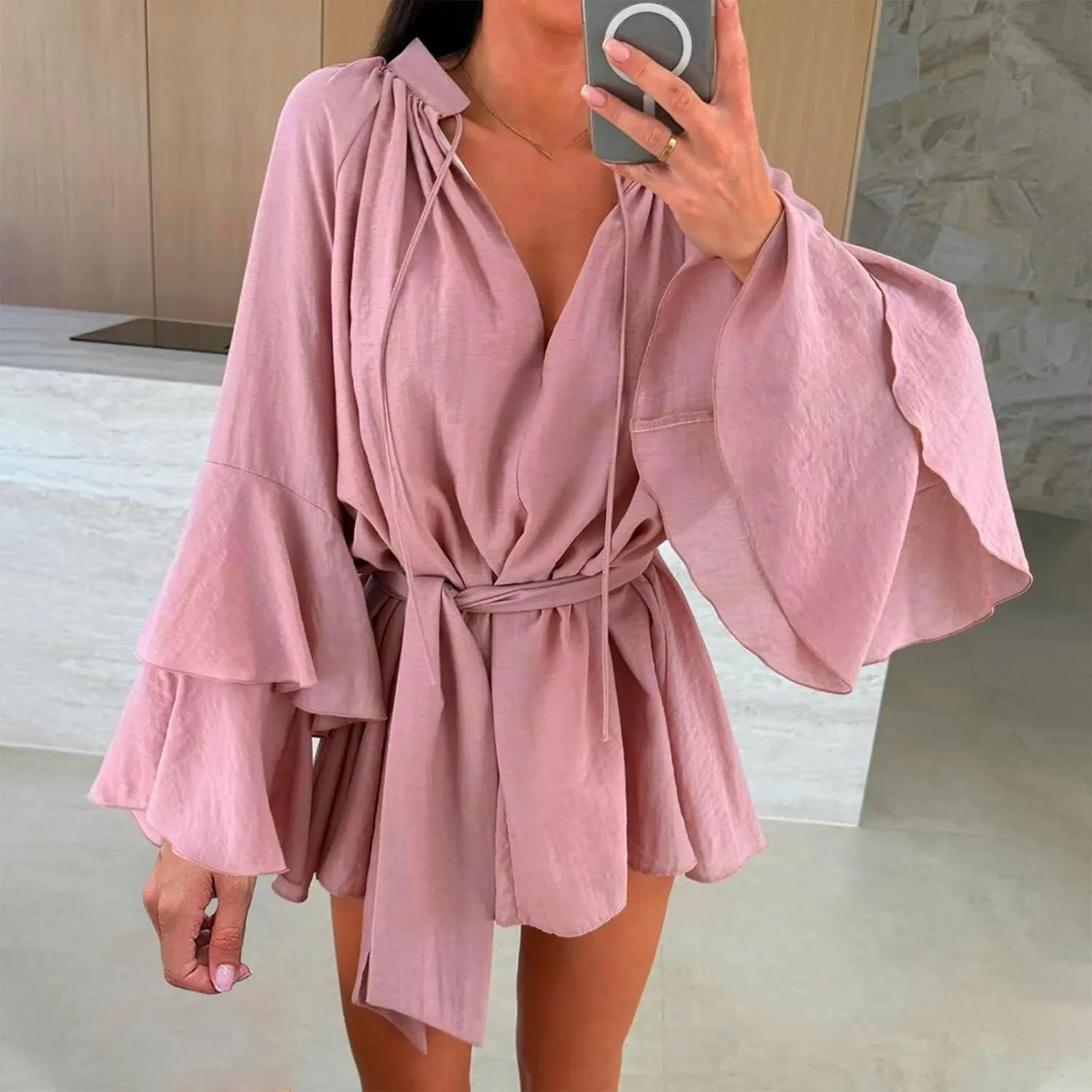 Womens Tie V Neck Casual Summer Loose Short Shirt Dress Flowy Tiered Ruffle Bell Long Sleeve Mini Dresses with Belt