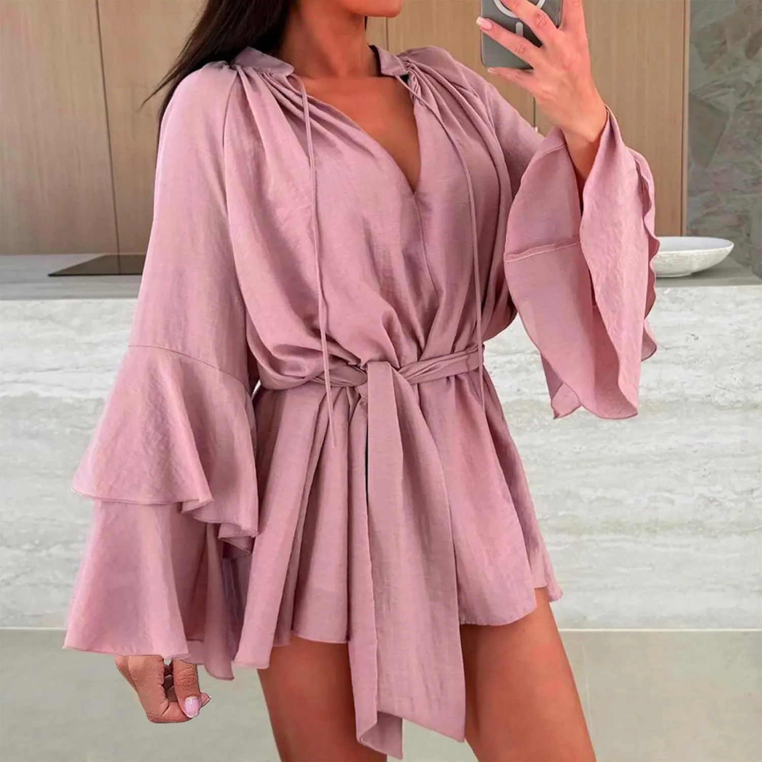 Womens Tie V Neck Casual Summer Loose Short Shirt Dress Flowy Tiered Ruffle Bell Long Sleeve Mini Dresses with Belt