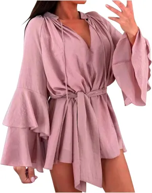 Womens Tie V Neck Casual Summer Loose Short Shirt Dress Flowy Tiered Ruffle Bell Long Sleeve Mini Dresses with Belt